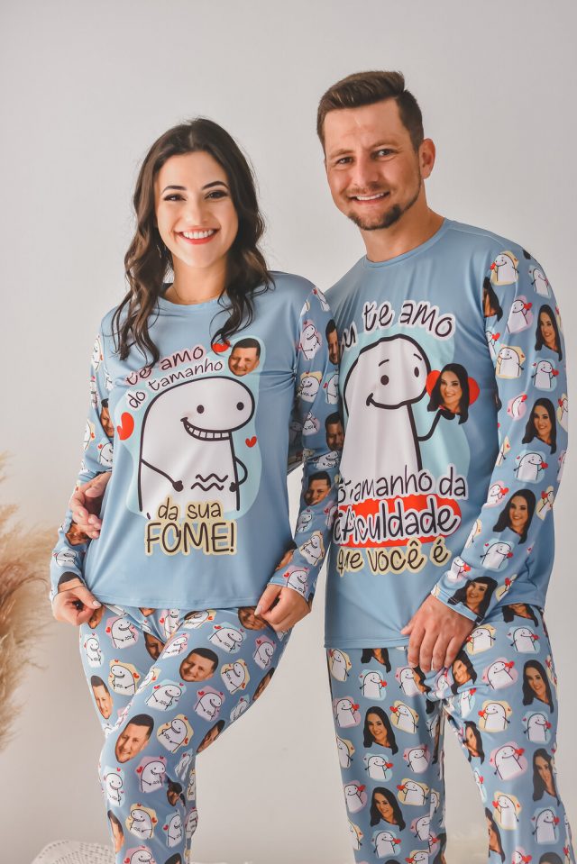 Combo Pijama De Jersey Longo Casal Personalizado Foto Ilustra O