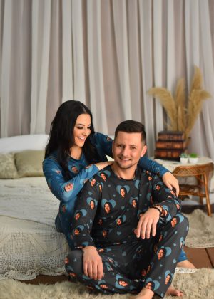 Pijama Casal Jersey Azul Petróleo/Cinza Escuro