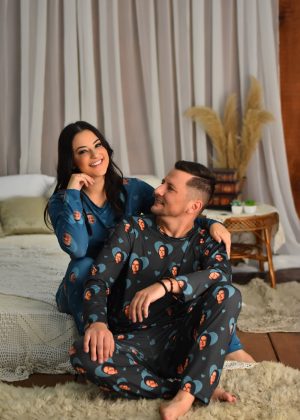 Pijama Casal Jersey Azul Petróleo/Cinza Escuro